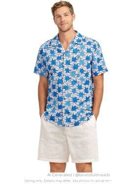 Blue Turtle Print Resort Shirt Coastal Vacation Button Up L